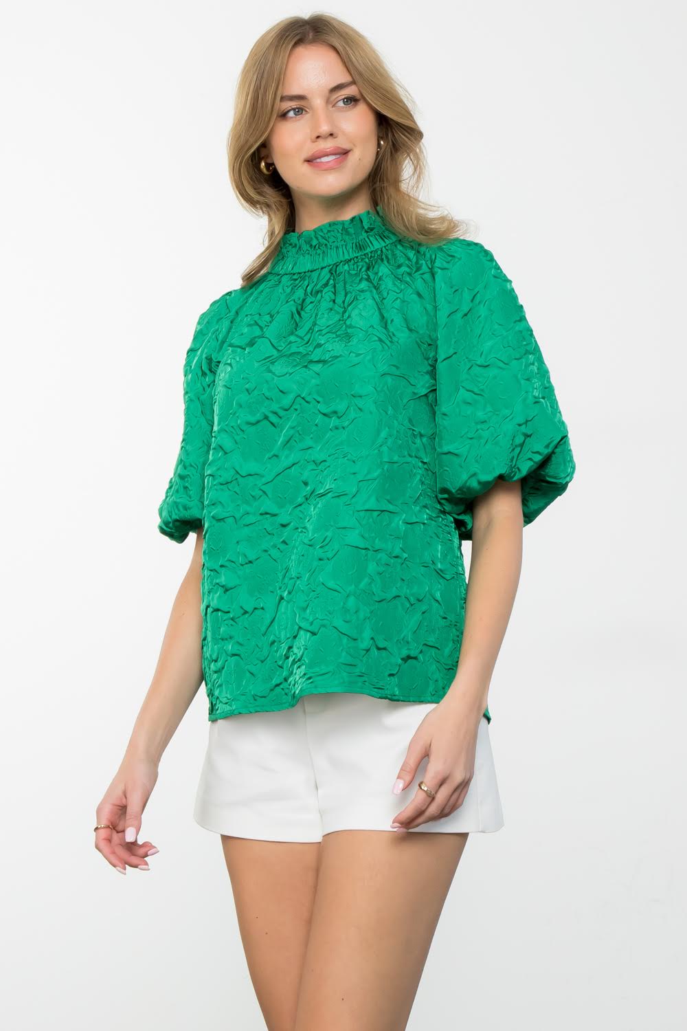 Puff Sleeve Green Textured Top
