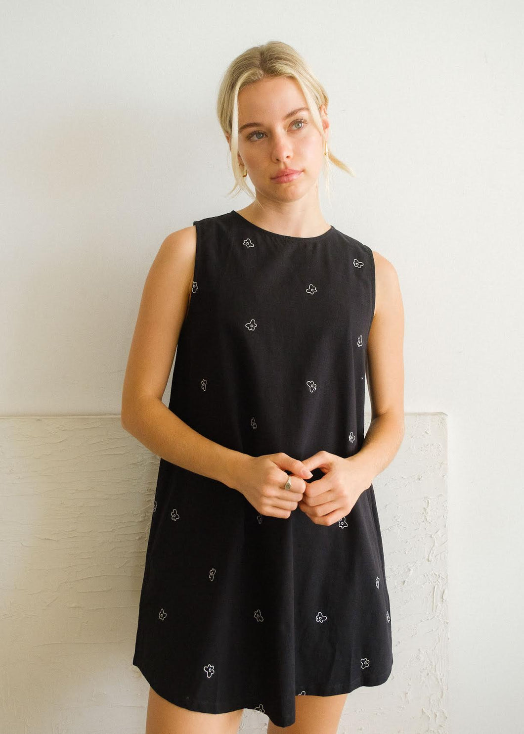Black Shift Dress With Embroidered Flowers