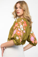 Load image into Gallery viewer, Olive Embroidered Puff Sleeve Top
