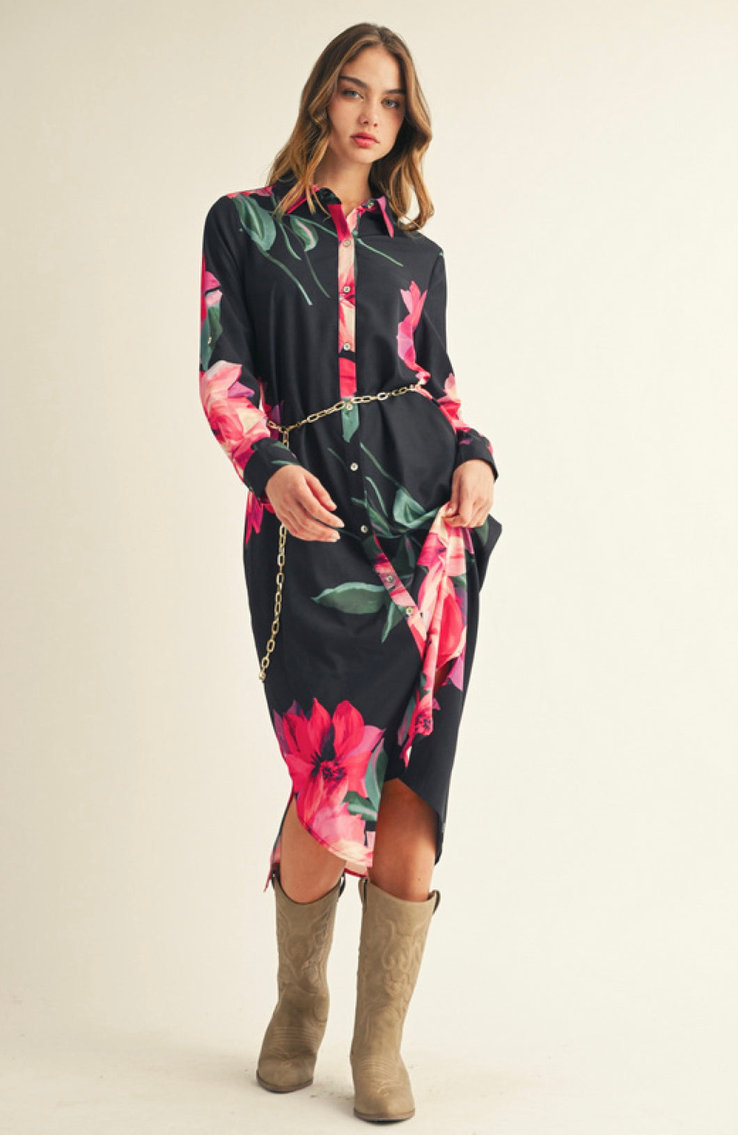 Black Pink Floral Midi
