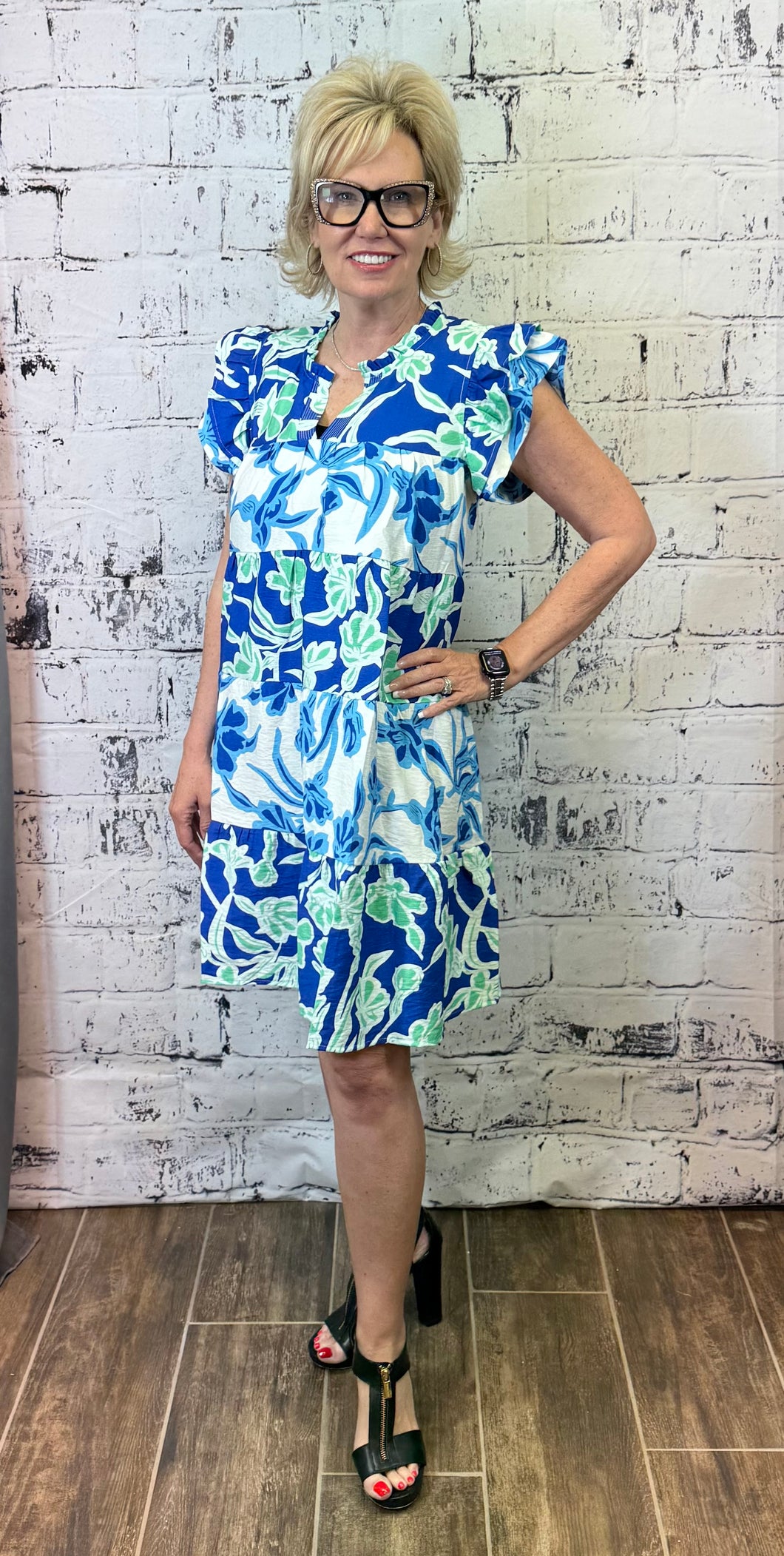 Blue Floral Block Pattern Dress