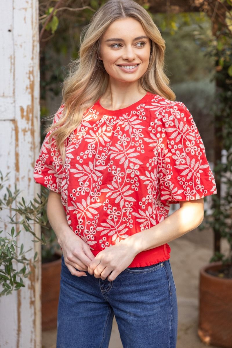 Red Eyelet Leaf Top