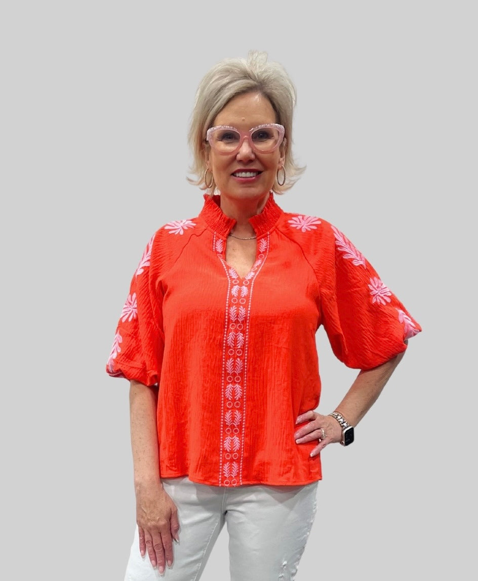 Orange Embroidered Puff Sleeve Top