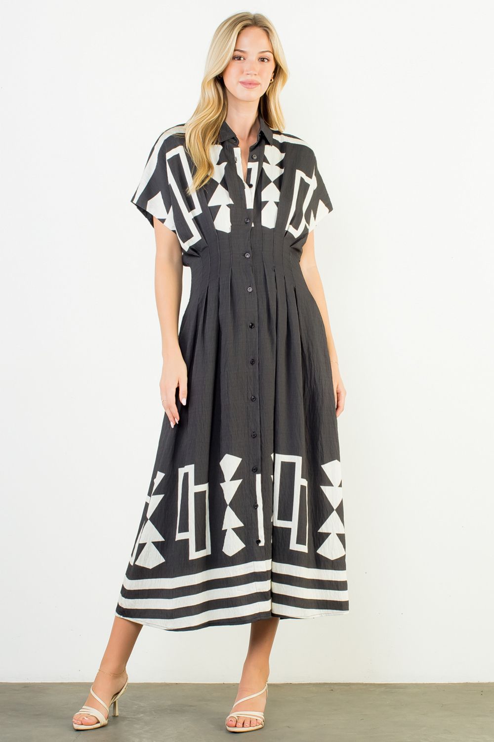 Black Print Button Up Dress