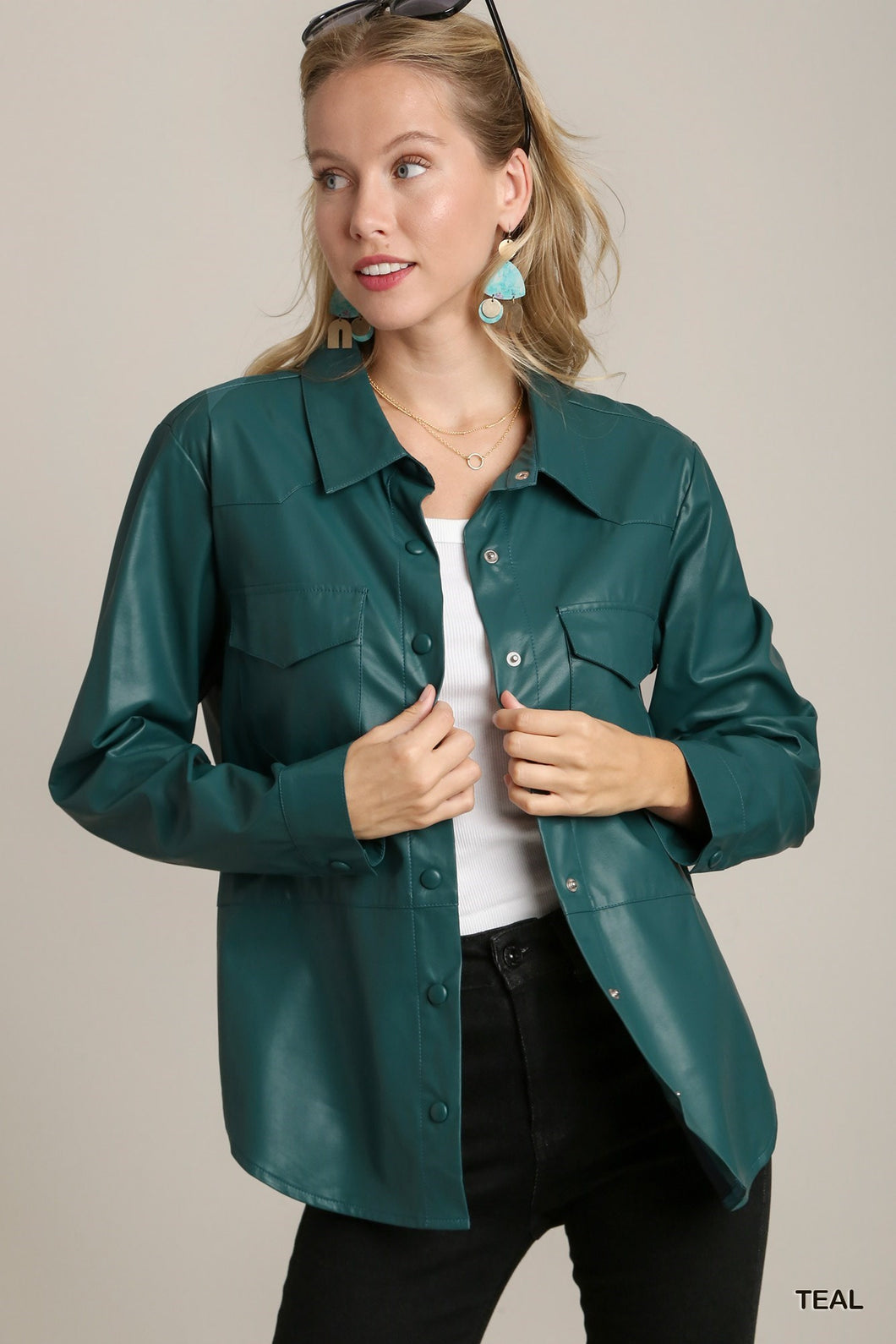 Teal Pleather Button Down Top