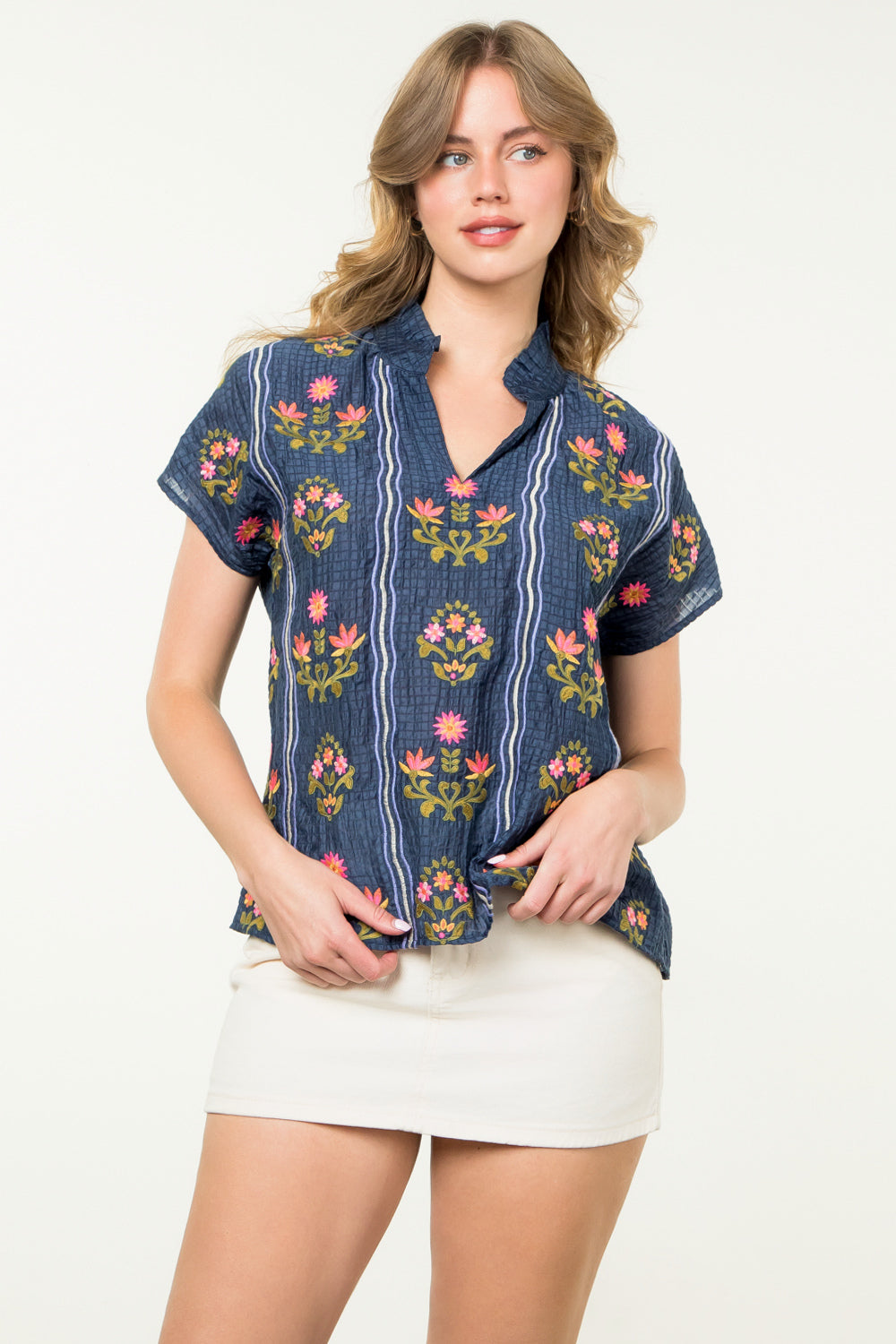 Navy Embroidered Top