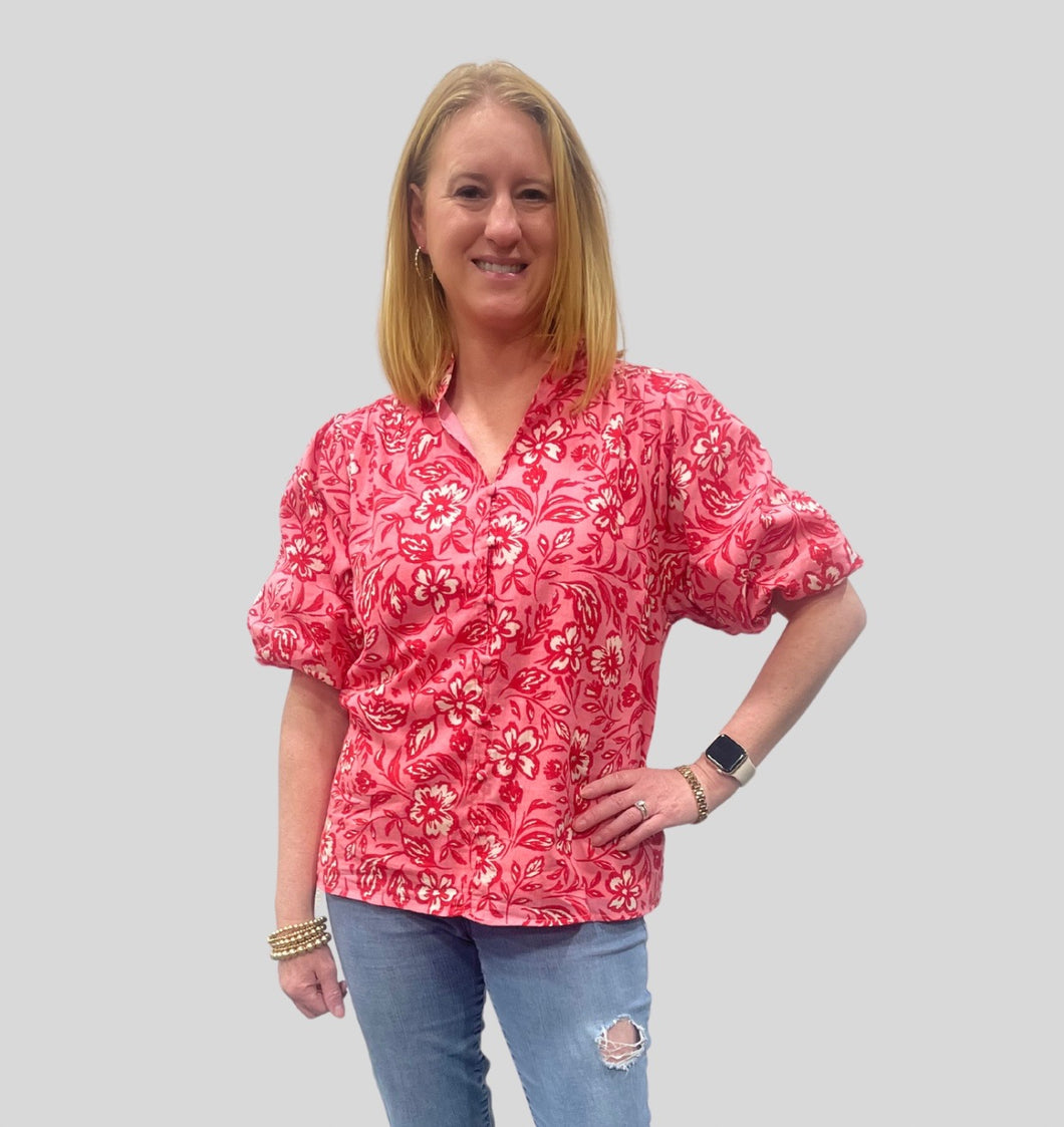 Red and Pink Floral Blouse