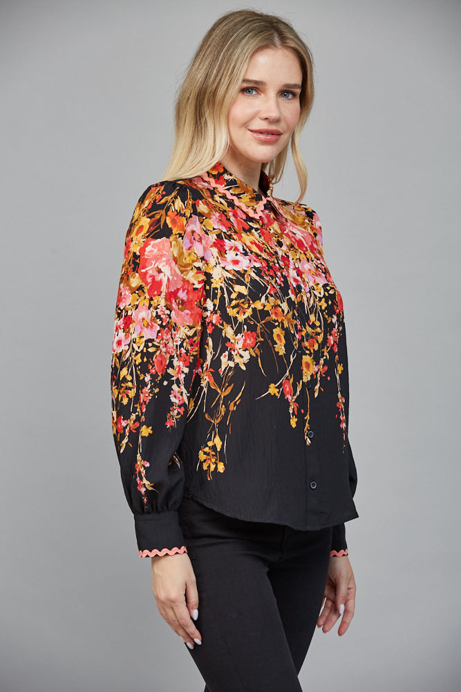 Black Waterfall Floral Print Top