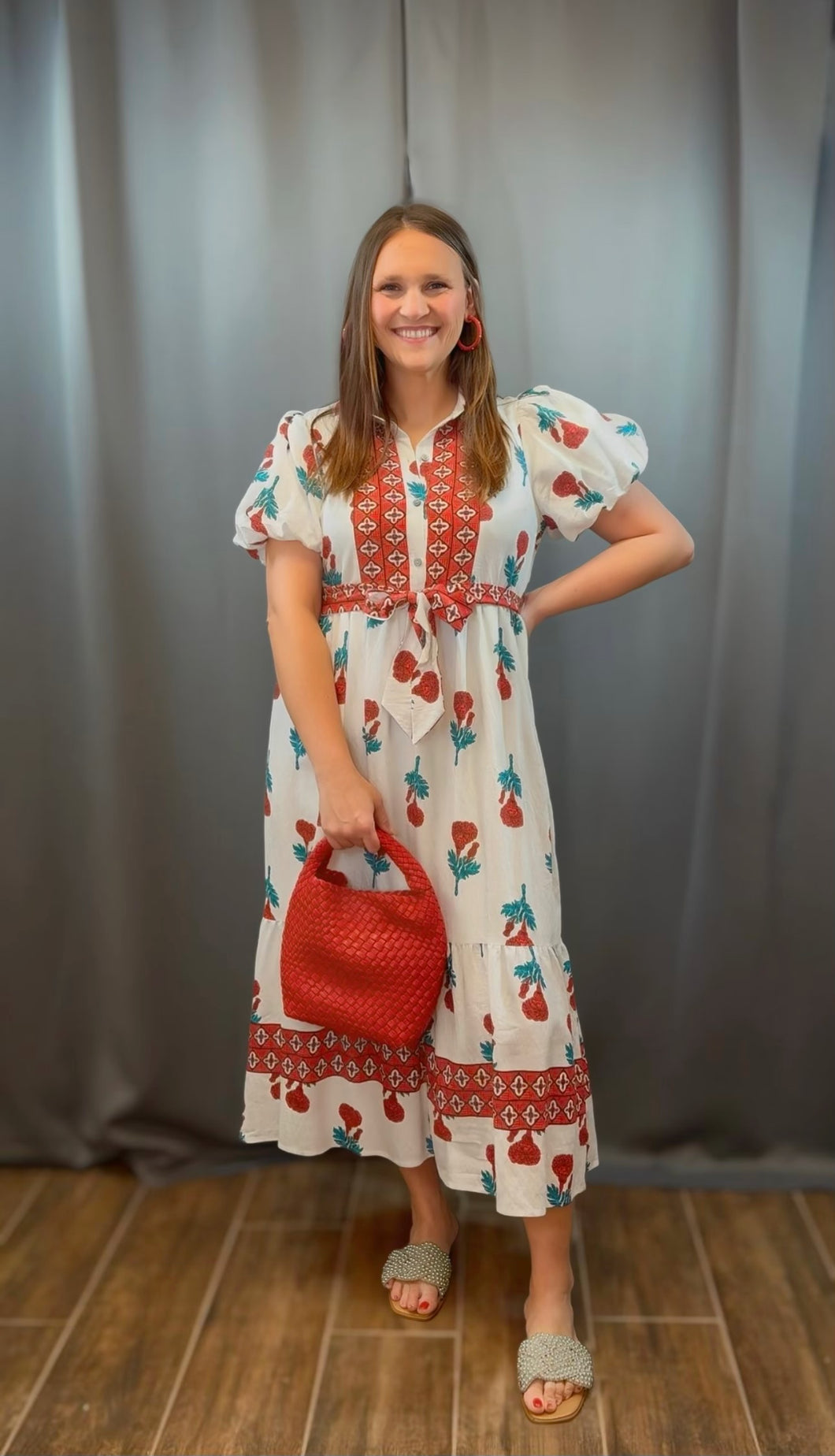 Red Scarf Print Midi Dress