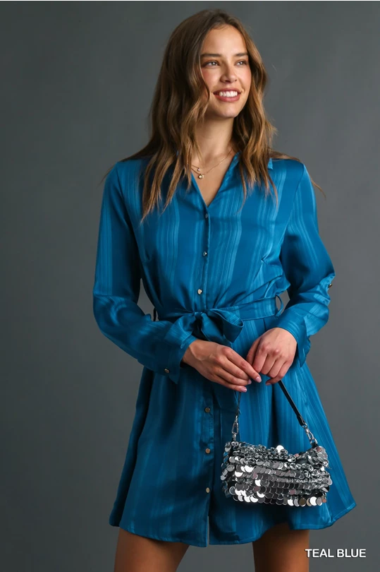 Textured Teal Blue Shirt Dress