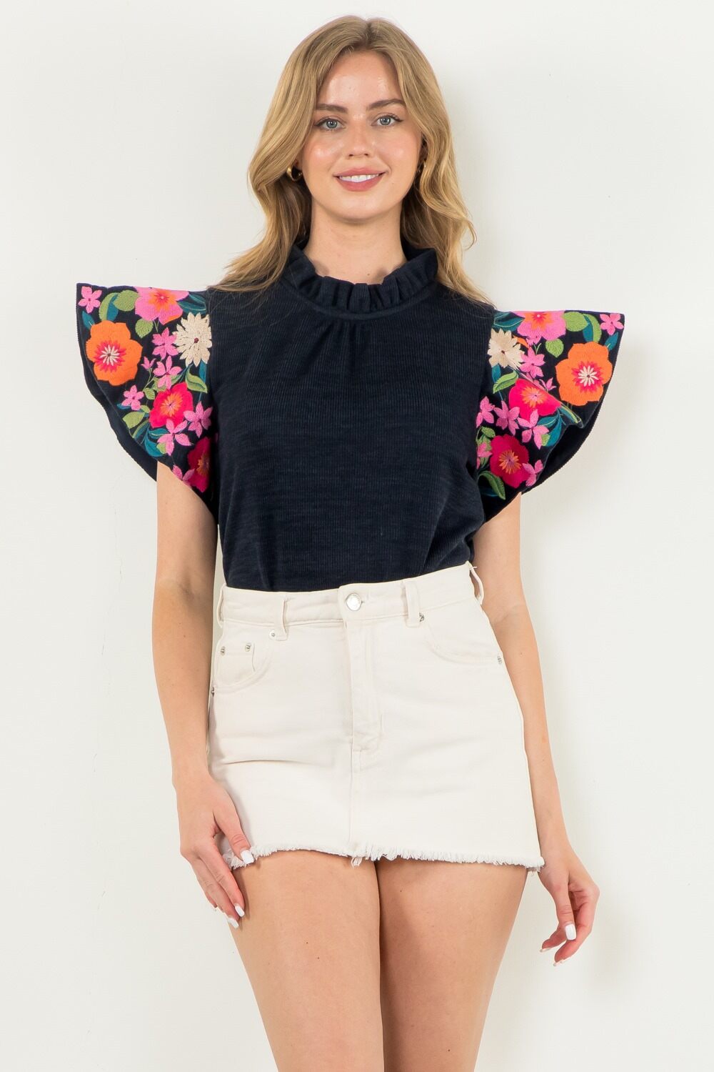 Navy Embroidered Sleeve Top