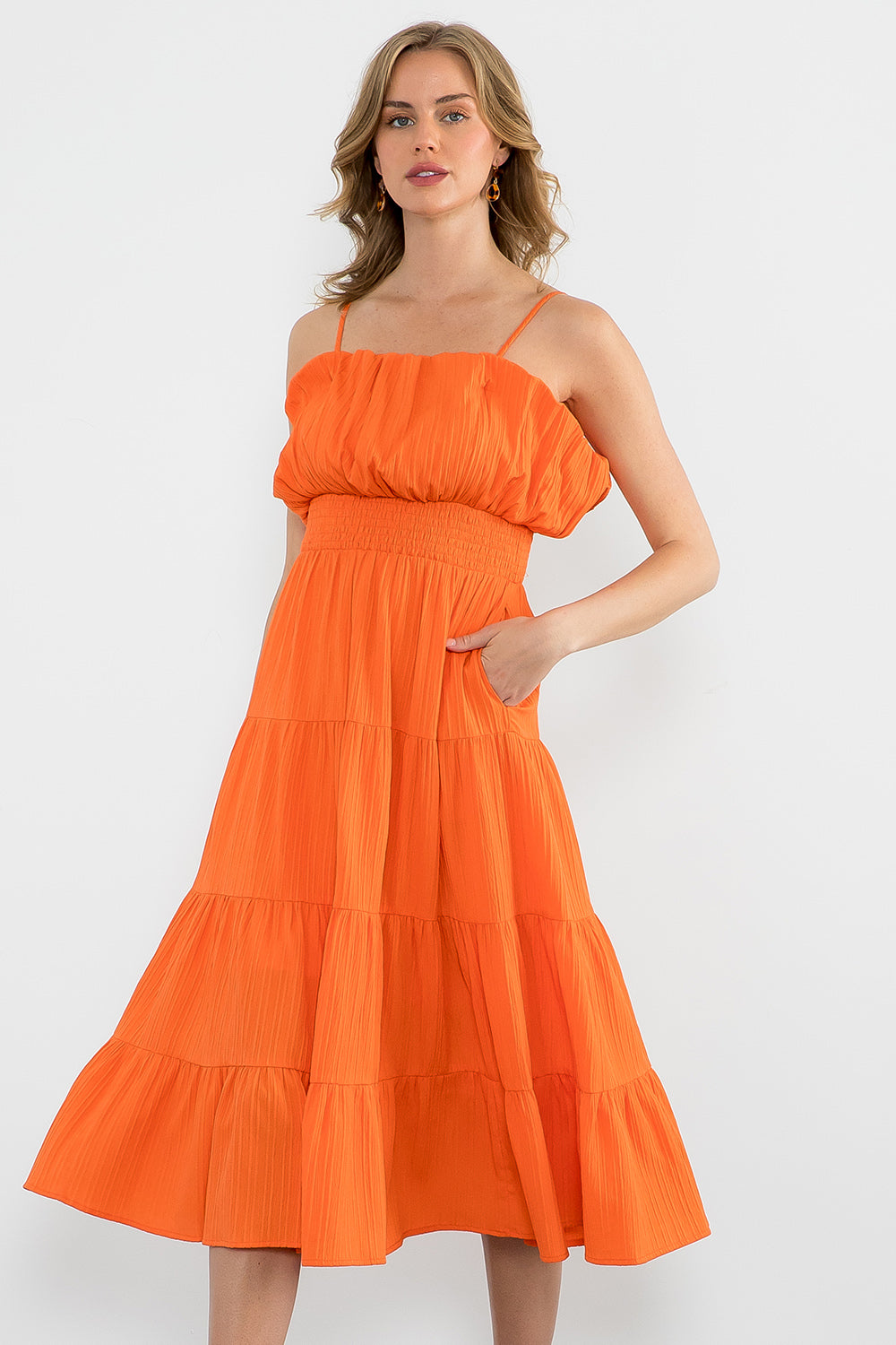 Orange Smocked Waist Midi Dress