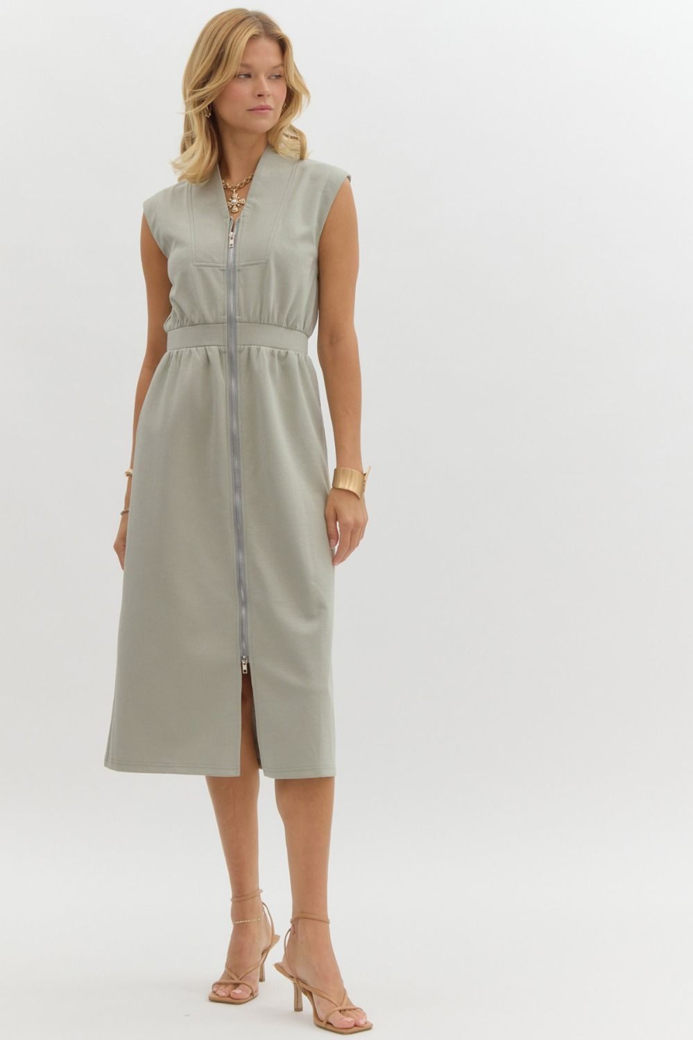 Sage Zip Up Midi Dress