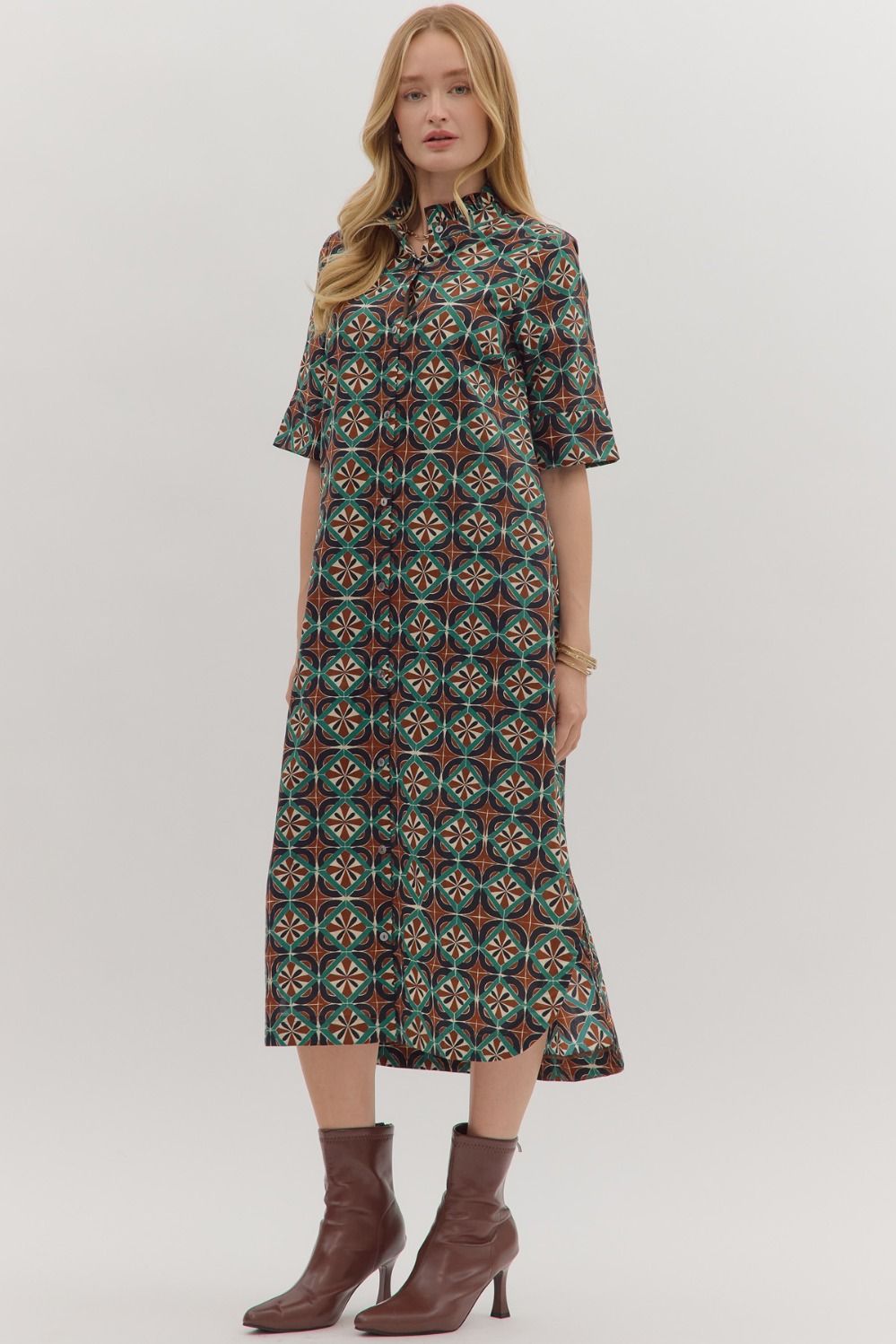 Geometric Shirt Style Midi Dress