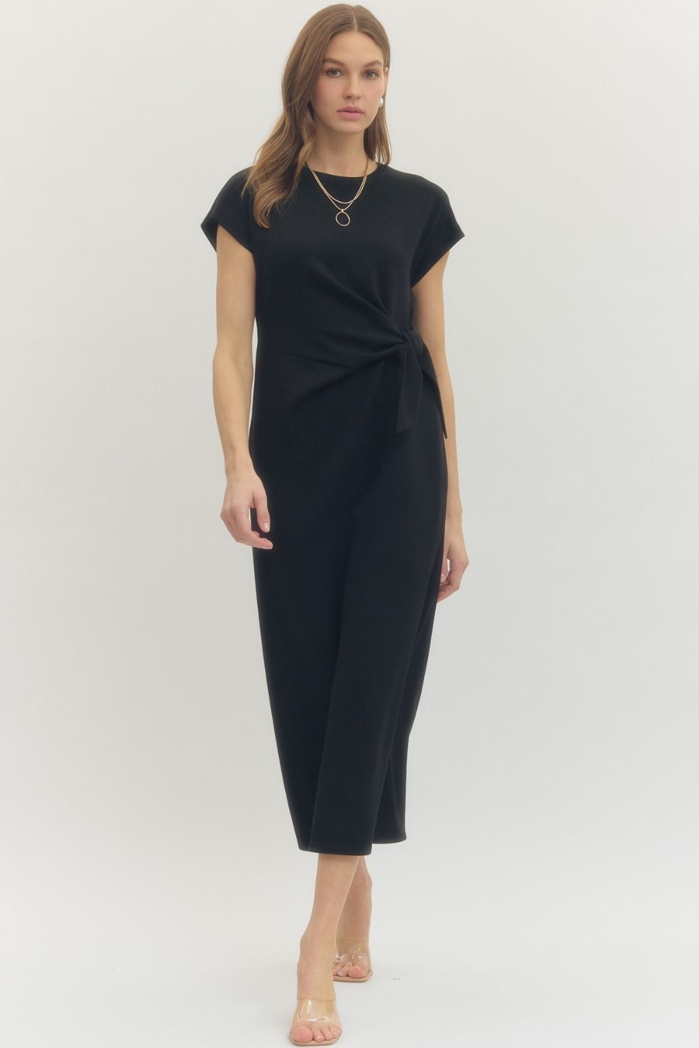 black side tie dress Knot So Fast Black Side Tie High Neck Asym Midi Dress