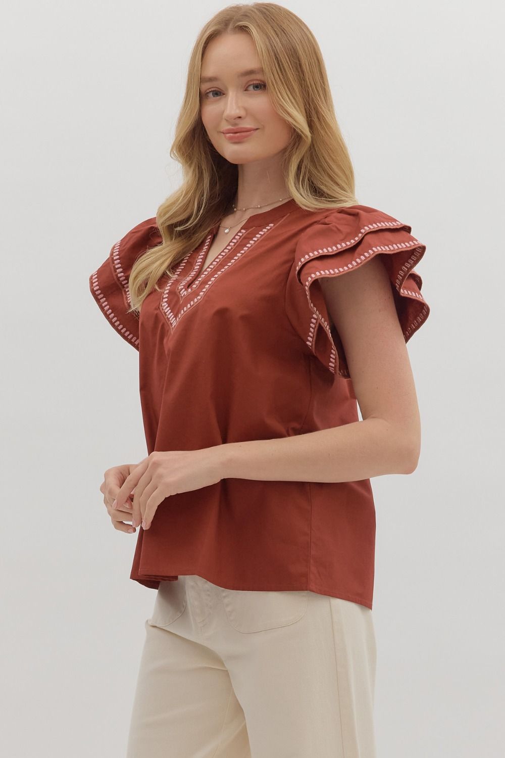 Burgundy Embroidery Trim Top