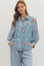 Load image into Gallery viewer, Blue Floral Button Top
