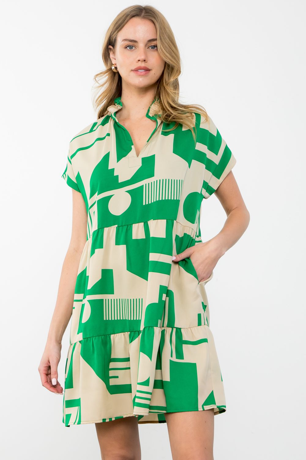 Green and Beige Abstract Print Dress