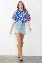 Load image into Gallery viewer, Blue and White Embroidered Puff Sleeve Top
