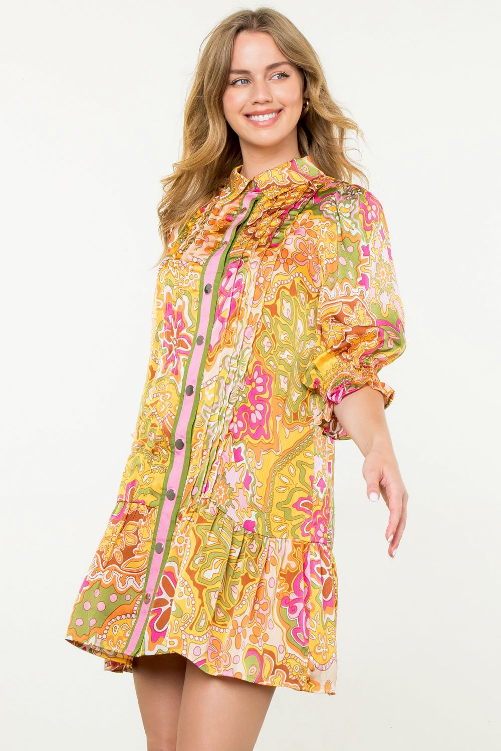 Yellow Floral Pleated Dress