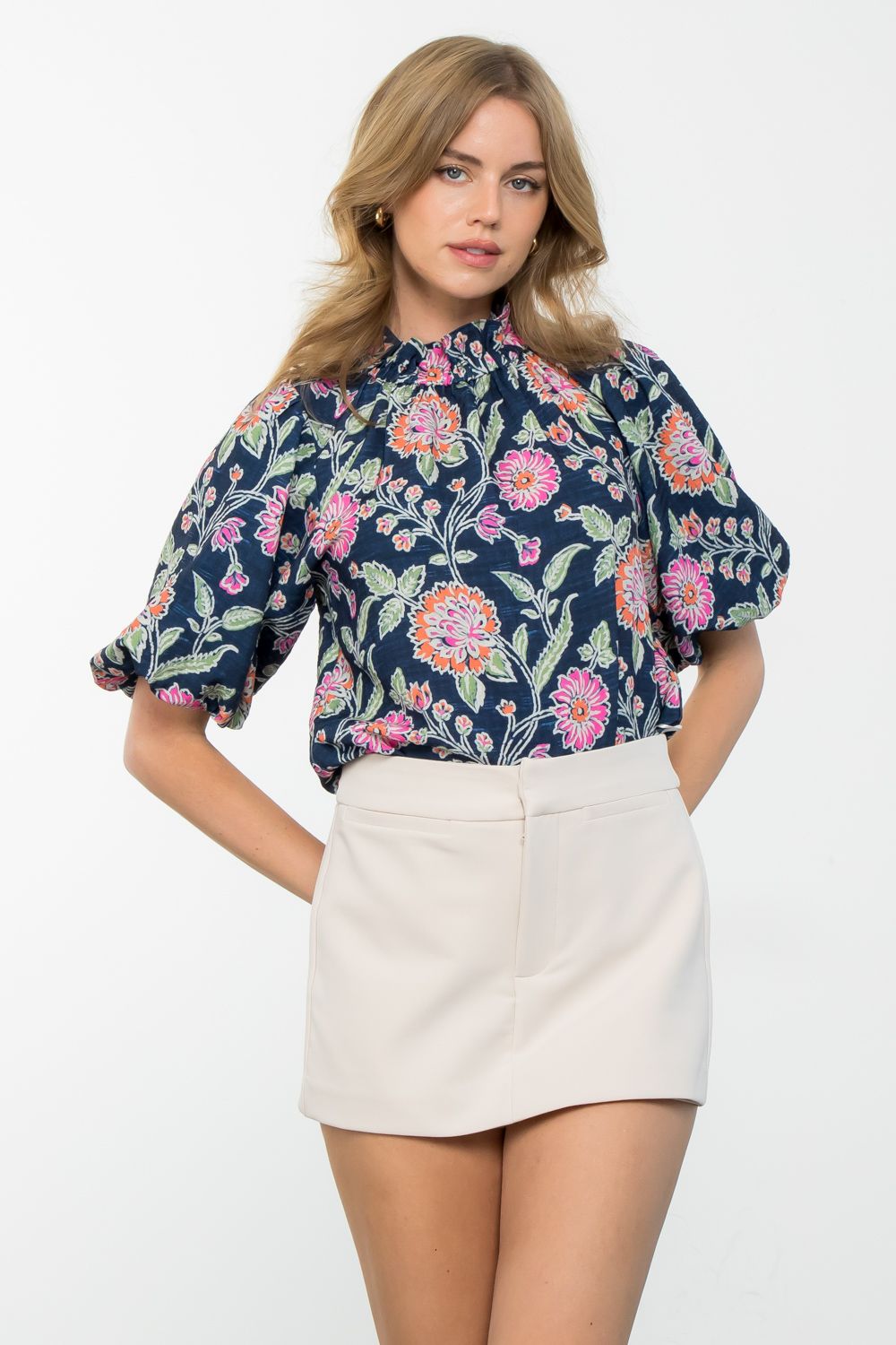 Floral Navy Puff Sleeve Top
