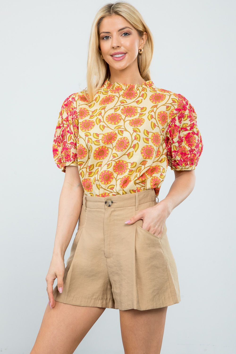 Yellow Embroidered Puff Sleeve Top