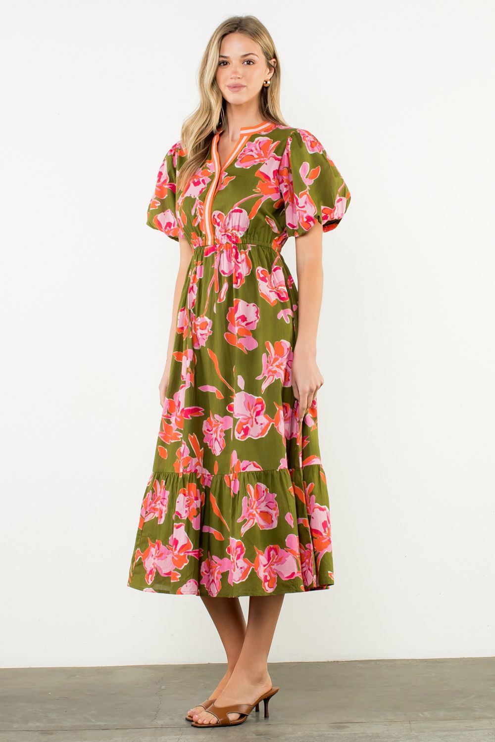Olive Floral Puff Sleeve Dress