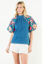 Load image into Gallery viewer, Embroidered Sleeve Denim Top
