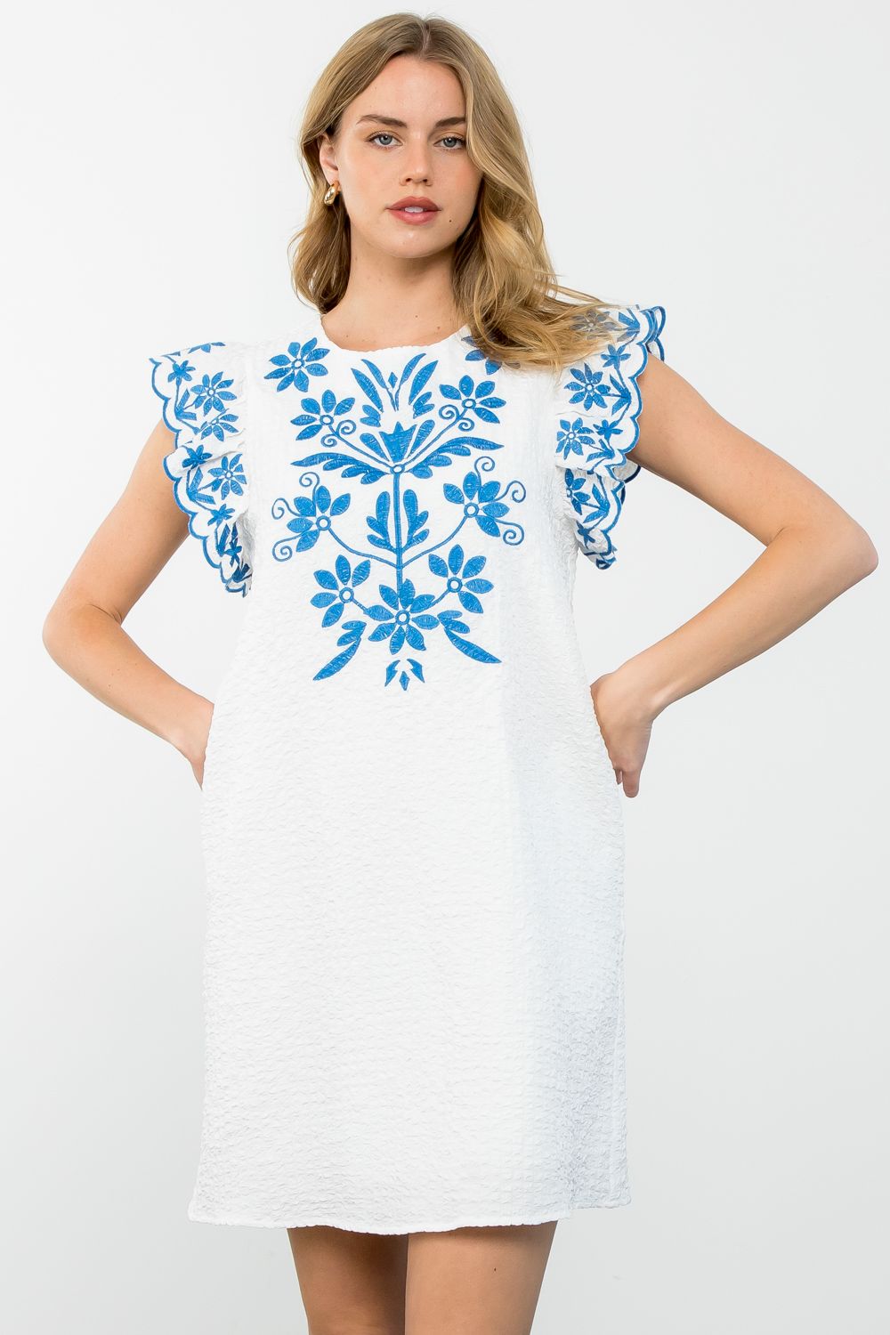 White Dress with Royal Blue Embriodery