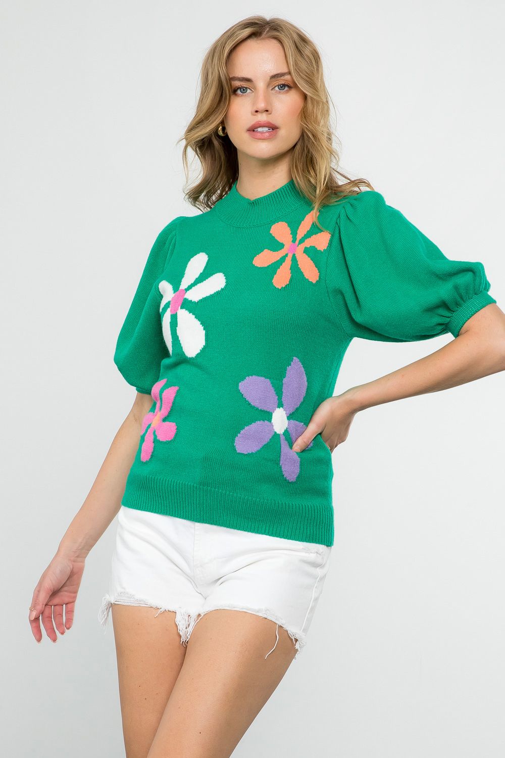 Green Flower Print Sweater