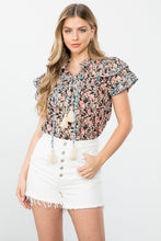 Load image into Gallery viewer, Black Floral Print Ruffle Sleeve Top
